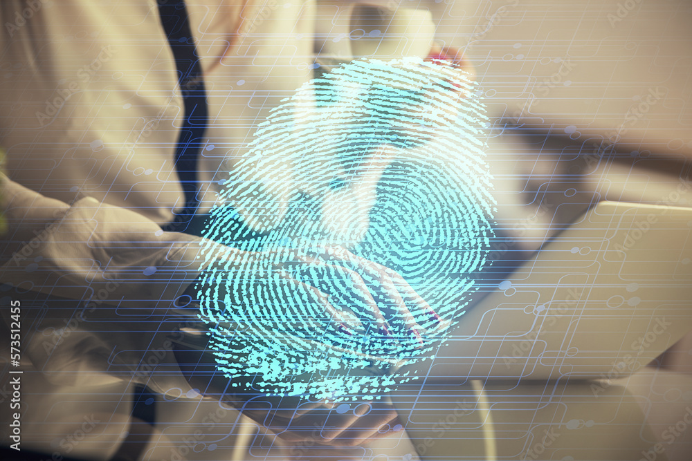 Poster double exposure of woman hands typing on computer and fingerprint drawing. security concept.