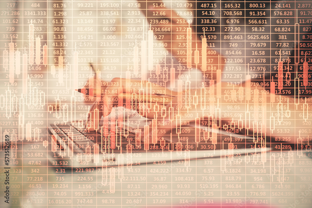 Poster multi exposure of woman hands typing on computer and financial graph hologram drawing. stock market 