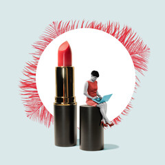 A young woman sits on a big lipstick. Selection and purchase of cosmetics online. Art collage.