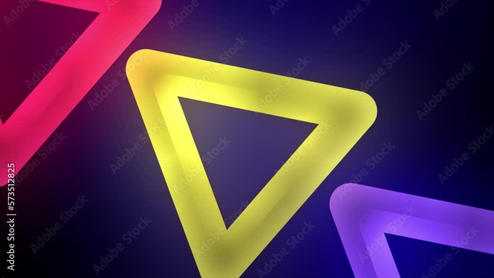 Poster abstract glowing triangle shape rotate on purple gradient background, abstract glowing neon triangle