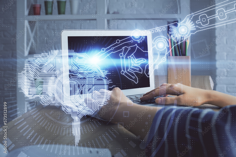 Poster double exposure of woman hands working on computer and brain hologram drawing. ai concept.