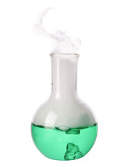 Laboratory flask with colorful liquid and steam isolated on white. Chemical reaction