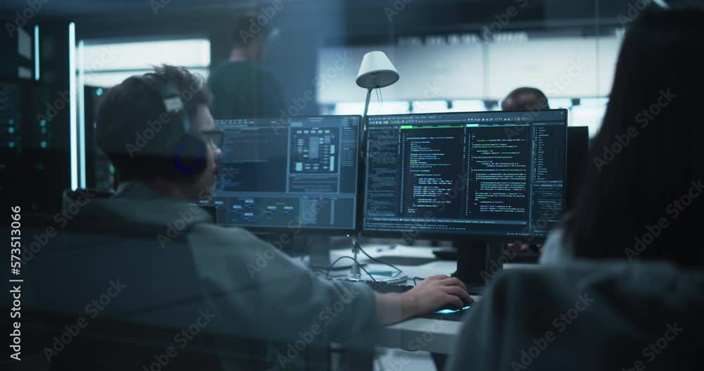Aufkleber Team of Talented Young Professionals Working in a Technological Research and Development Agency. Computer Screens with Software Code and Technical Neural Network Diagrams