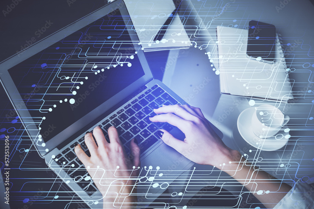 Poster Double exposure of woman hands working on computer and data theme hologram drawing. Tech concept.