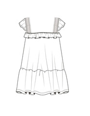 girl ruffle summer dress with crochet trim on the shoulders technical drawing vector