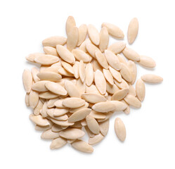 Pile of cucumber seeds on white background, top view