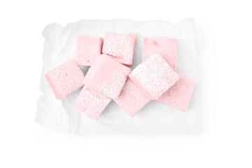 Delicious sweet marshmallows with powdered sugar isolated on white, top view