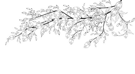 A beautiful blooming branch, richly decorated with flowers, buds, and leaves. Hand drawing.