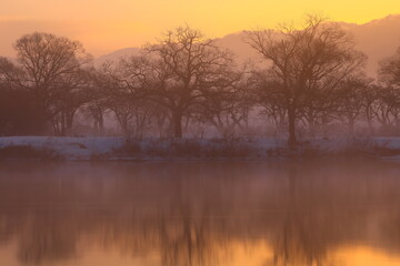Obraz premium 岩手県北上市 朝焼けの冬景色