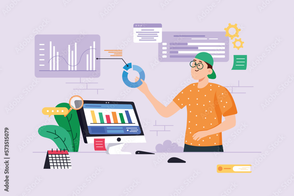 Poster data analysis violet background concept with people scene in the flat cartoon design. man analyzes d