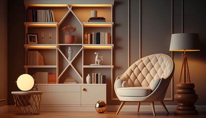 A contemporary stylish interior with a padded armchair, beige bookshelf, and brown wall. generative AI