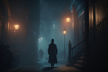 jack the ripper at foggy night in street of london. generative ai - obrazy, fototapety, plakaty