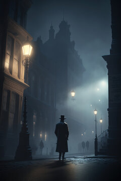 jack the ripper at foggy night in street of london. generative ai