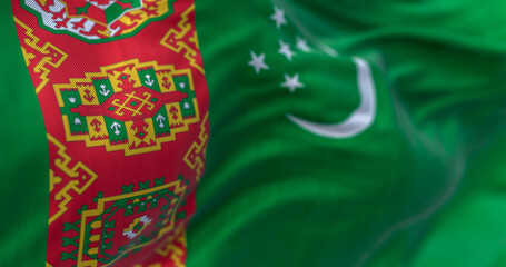 Close-up view of the Turkmenistan national flag waving
