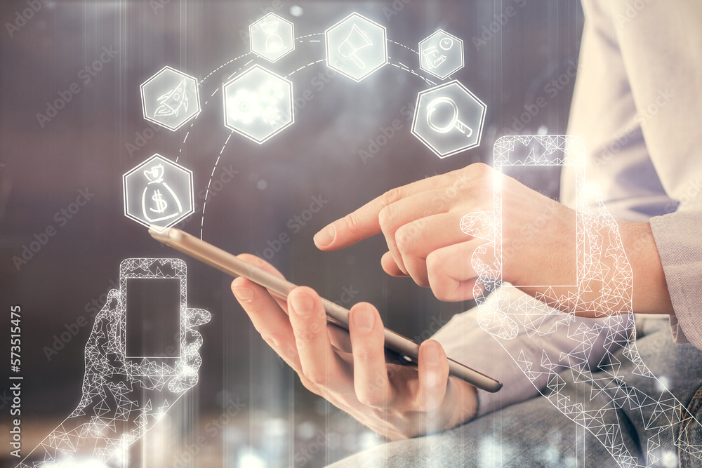 Poster double exposure of man's hands holding and using a digital device and tech theme hologram drawing. t