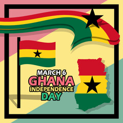 Obraz na płótnie Canvas Map of Ghana country with flag, ribbon, frame and bold text to commemorate Ghana Independence Day on March 6