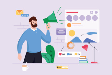 Social media violet background concept with people scene in the flat cartoon design. Man works on propaganda in social networks. Vector illustration.