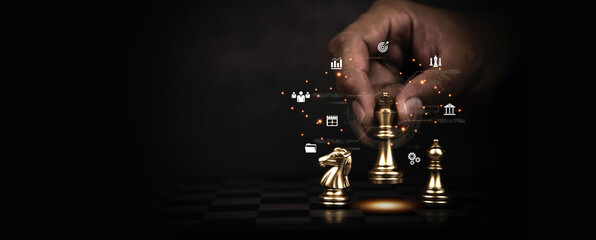 Hand choose king chess fight concept of challenge or team player or business team and leadership strategy or strategic planning and human resources organization risk management. - obrazy, fototapety, plakaty
