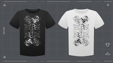 Men's t-shirt with futuristic print mockup. Front view. Vector template. Cyber Hud Design print.