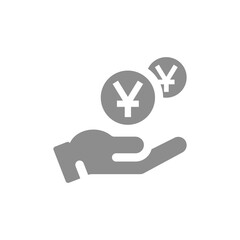 Human hand and money dropping Chinese yuan coin icon. Savings and payment concept vector fill symbol.