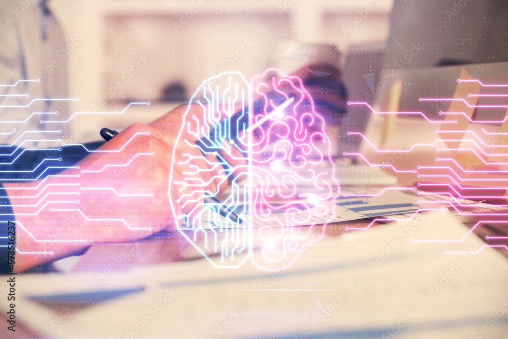 Poster double exposure of man's hand holding and using a digital device and brain hologram drawing. data co