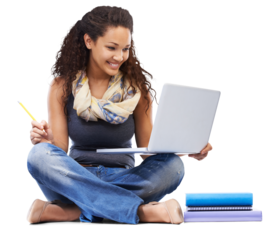 A university student planning or reading college notes and learning from e books or studying on laptop acquiring knowledge and internet research for university education isolated on a PNG background.