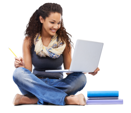 A university student planning or reading college notes and learning from e books or studying on laptop acquiring knowledge and internet research for university education isolated on a PNG background.