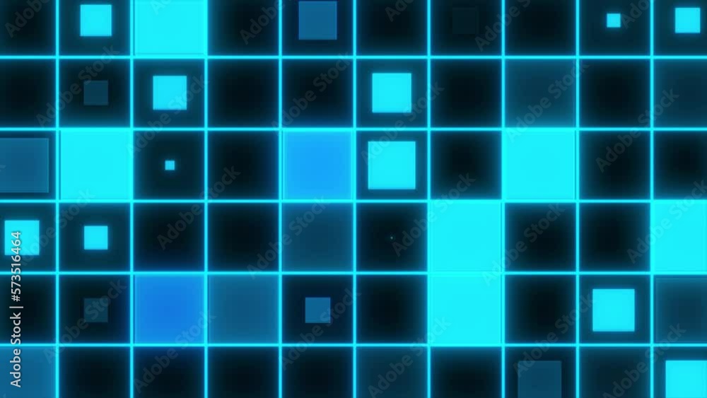 Aufkleber blue blinking square shape tech background, abstract squares motion background, neon glowing square 