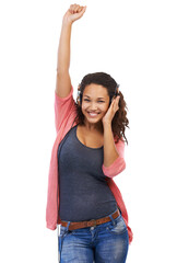 An energetic female in 20s enjoying music with headphones dancing with headset and streaming and listening or enjoying podcast, radio or audio song isolated on a PNG background.