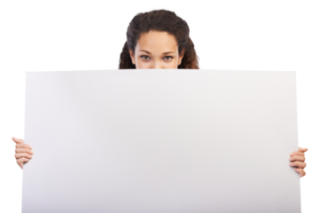 A young latin girl holding a blank board and or empty sign for sales marketing, advertising and company news or a peekaboo and design signage in isolated on a png background.