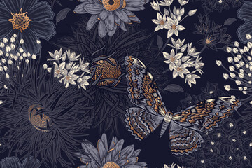 Dark seamless pattern. Small garden flowers and butterflies. - 573516621