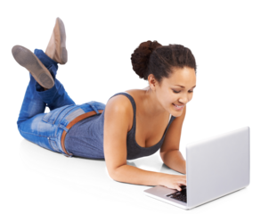 A cheerful young and optimistic Afro American girl lying comfortably on floor and joyfully chatting on the laptop isolated on a PNG background.