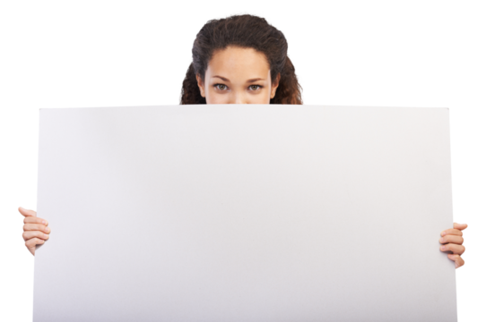 A young latin girl holding a blank board and or empty sign for sales marketing, advertising and company news or a peekaboo and design signage in isolated on a png background.
