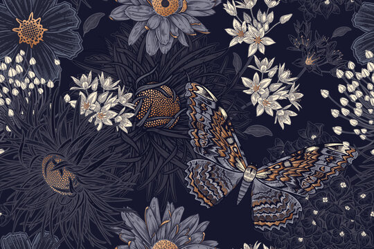 Dark seamless pattern. Small garden flowers and butterflies.