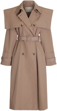 beige double-breasted trench coat with fold-down collar, isolated on transparent or white background, png, mockup	