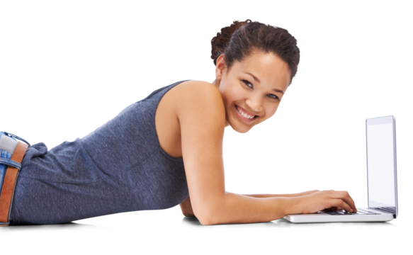 A joyful young university girl in 20s lying on the floor and completing her assignments and smiling at the camera isolated on a PNG background.