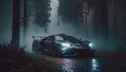 Futuristic cyberpunk sports car driving through mist forest conceptual photo generatie ai,