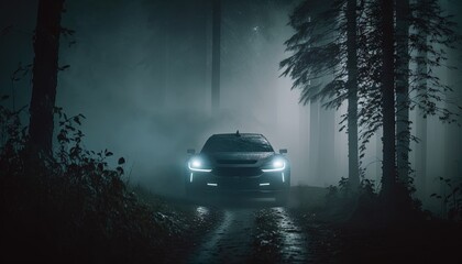 Futuristic cyberpunk sports car driving through mist forest conceptual photo generatie ai,
