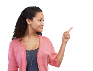 A millennial Hispanic girl pointing at a copyspace for advertising or marketing idea, product or brand isolated on a png background.