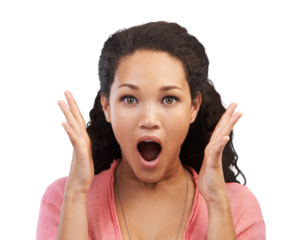 A young spanish girl with wow and amazed or surprised facial expressions with the dropped jaw after looking or listening about the offers or discount  isolated on a png background.