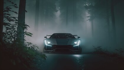 Futuristic cyberpunk sports car driving through mist forest conceptual photo generatie ai,