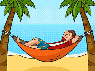 guy man is resting in hammock between palm trees on the beach pop art retro raster illustration. Comic book style imitation.