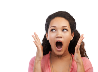 An astonished young spanish girl with wow facial expressions with open mouth and a OMG gesture looking sideways in disguise at the copyspace for discount and offers isolated on a PNG background.