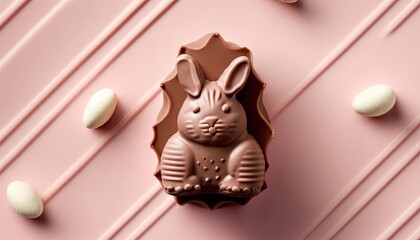 a chocolate easter bunny, close up, top view, flat lay, generative AI