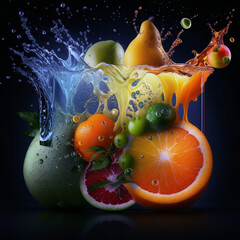 Fototapeta na wymiar Exotic fruits, fruit levitation, fruit juice splashes, unusual photos, homemade food,