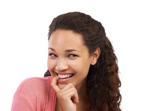 A young attractive woman sneaking with a misterious mindset and biting her finger with a cheerful smile isolated on a png background. - Powered by Adobe