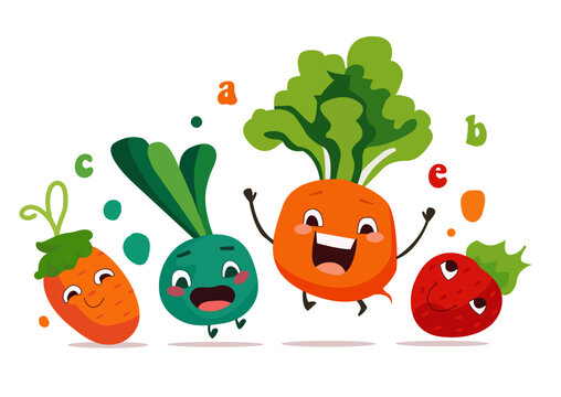 Set of funny cartoon vegetable cute characters with smiling faces isolated on white background. Laughing vegetable msacots vector collection. Vegetable emoticon with vitamins. Organic food concept.