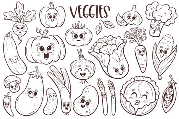 Cute vegetables collection with cartoon faces. Isolated doodle cliparts. Vector illustration.