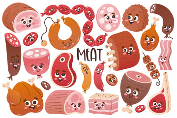 Cute meat collection with cartoon faces. Isolated colorful cliparts. Vector illustration.