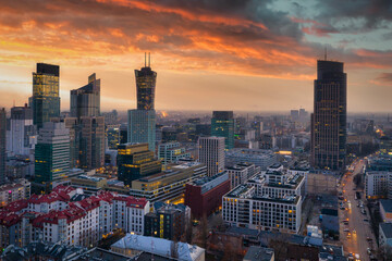 Amazing cityscape of Warsaw at sunset, Poland.